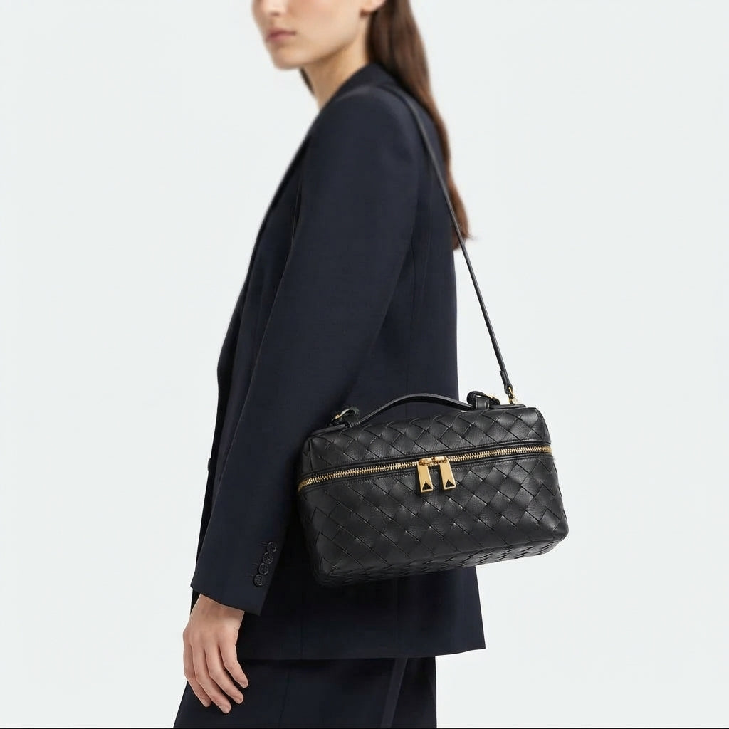 Woven Leather Vanity Bag with Detachable Strap