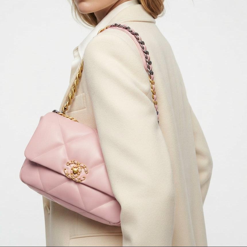 Chanel 19 Pink Flap Bag with Signature Gold Chain