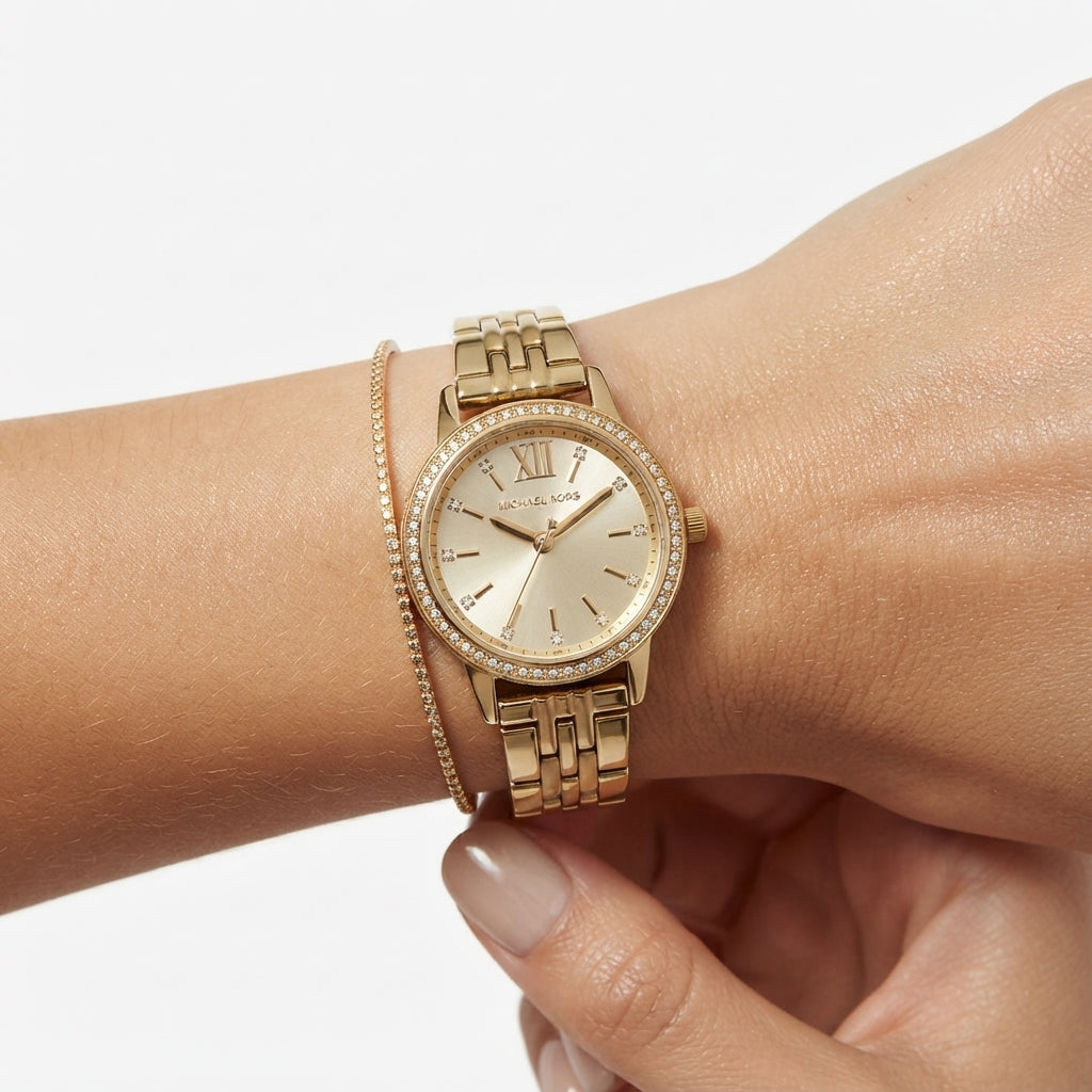 Michael Kors Gold Tone Crystal Embellished Link Bracelet Watch
