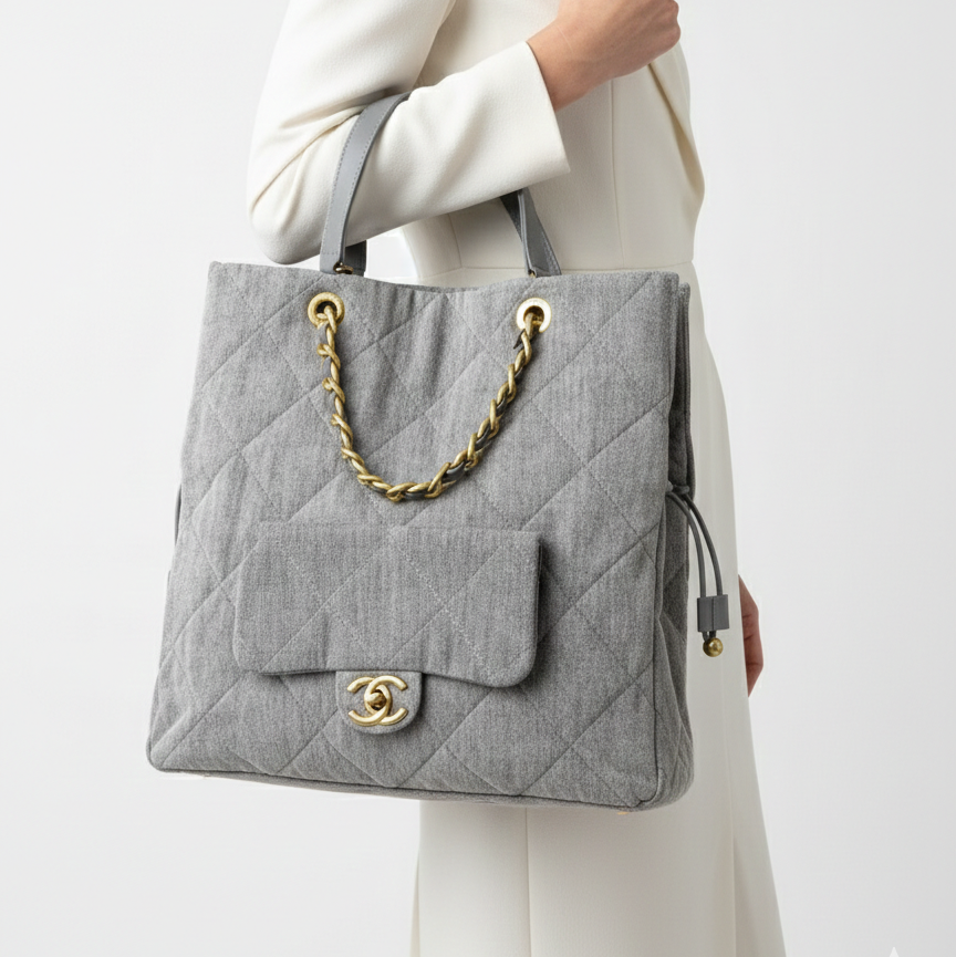 CHANEL Quilted Denim Shopper Tote with Gold Hardware 👜✨⛓️