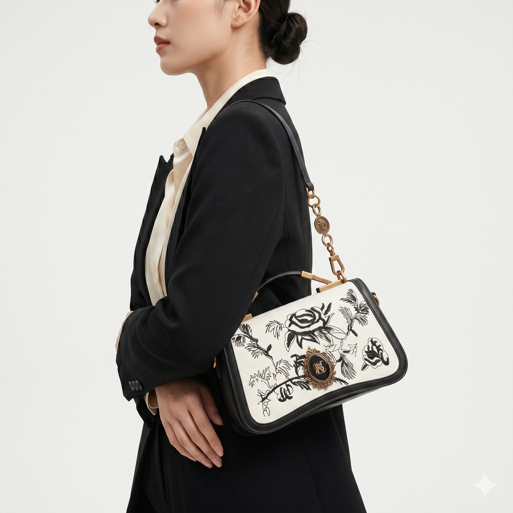 Banevanf Floral Satchel: Black & White Elegance 👜🖤