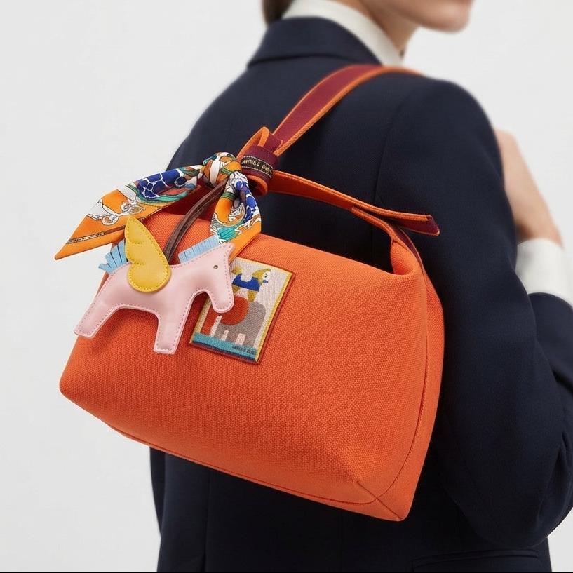 Hermes Canvas Handbag Set with Horse Charm and Scarf