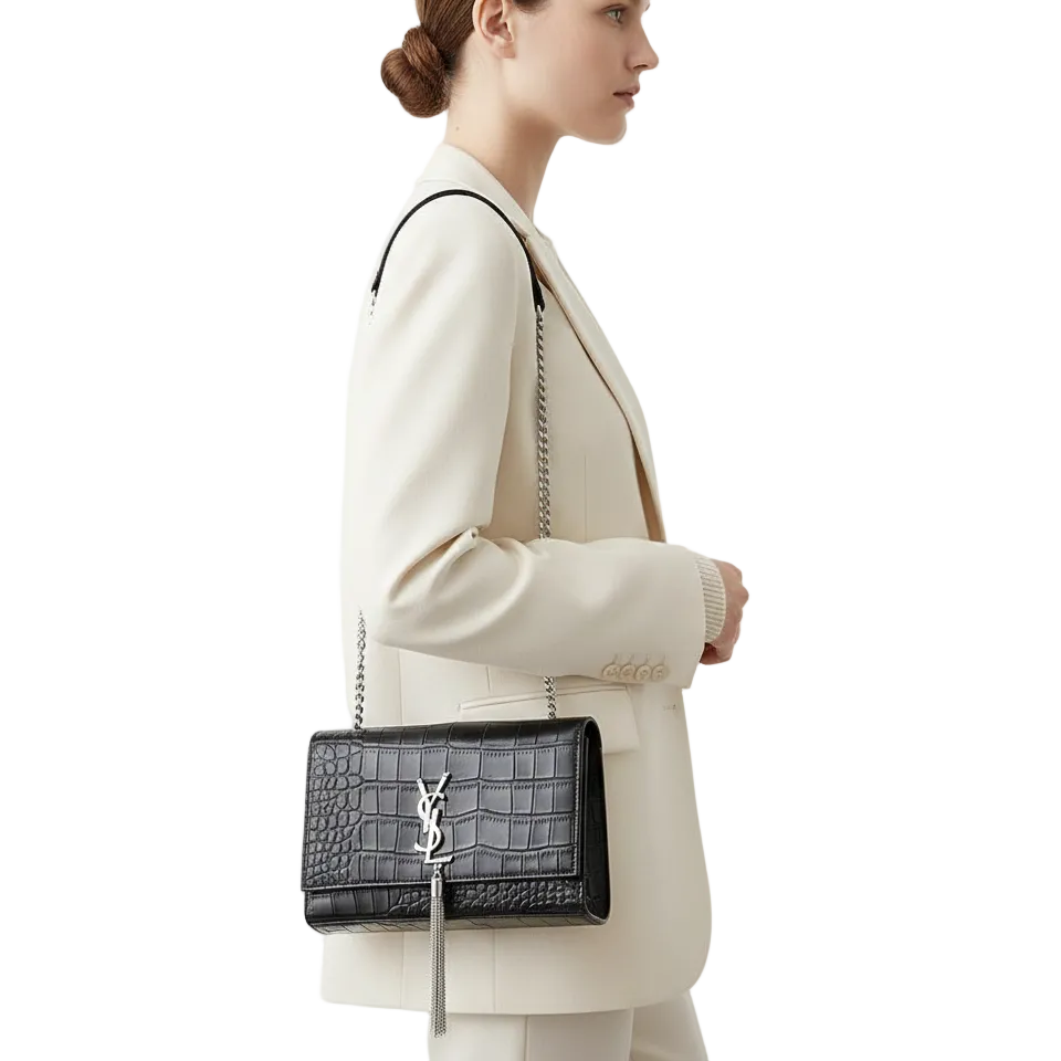 Saint Laurent Kate Crocodile-Embossed Bag with Tassel 👜✨🌑