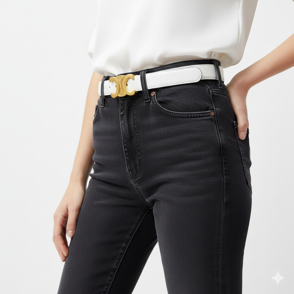 CELINE Triomphe White Leather Belt with Gold Buckle ✨ LUX 🏛️