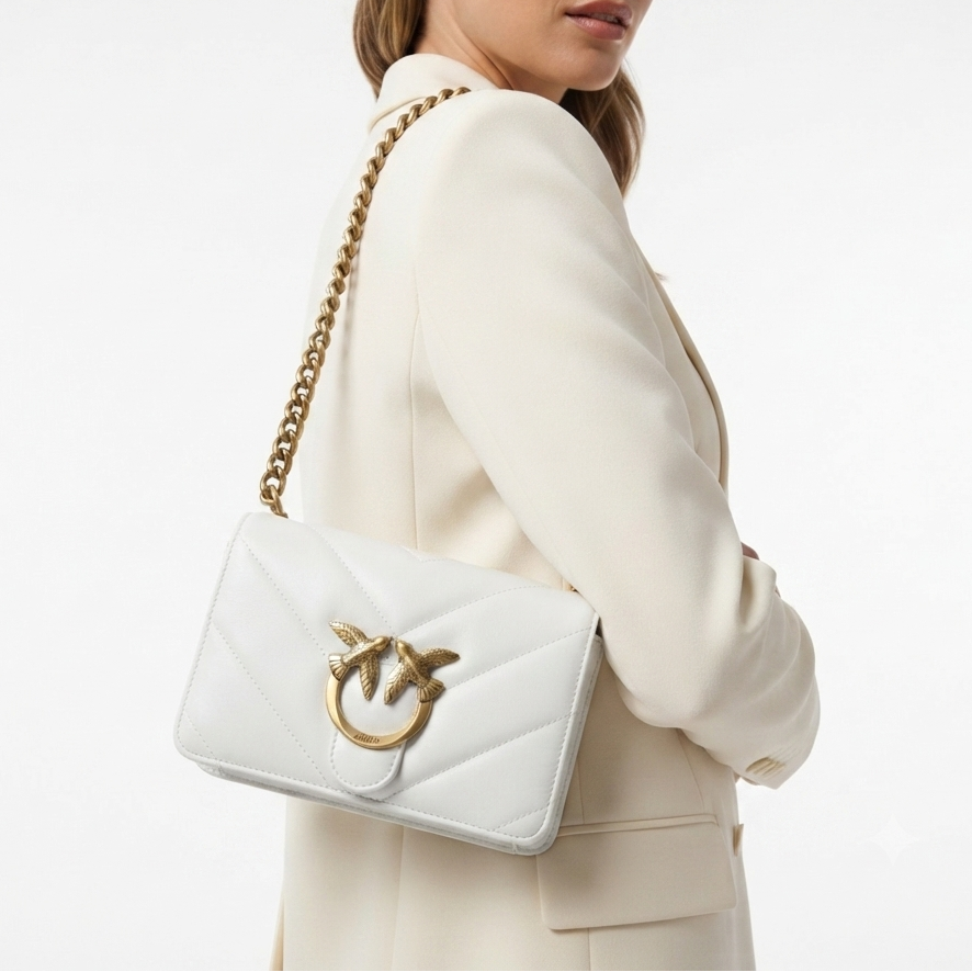 Pinko Quilted Leather Shoulder Bag with Gold Tone Bird Logo