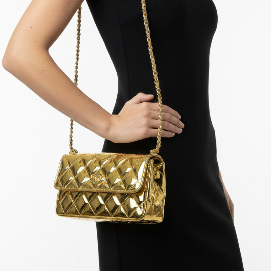 Chanel Metallic Gold Quilted Flap Bag with Twisted Top Handle 🌟✨👜