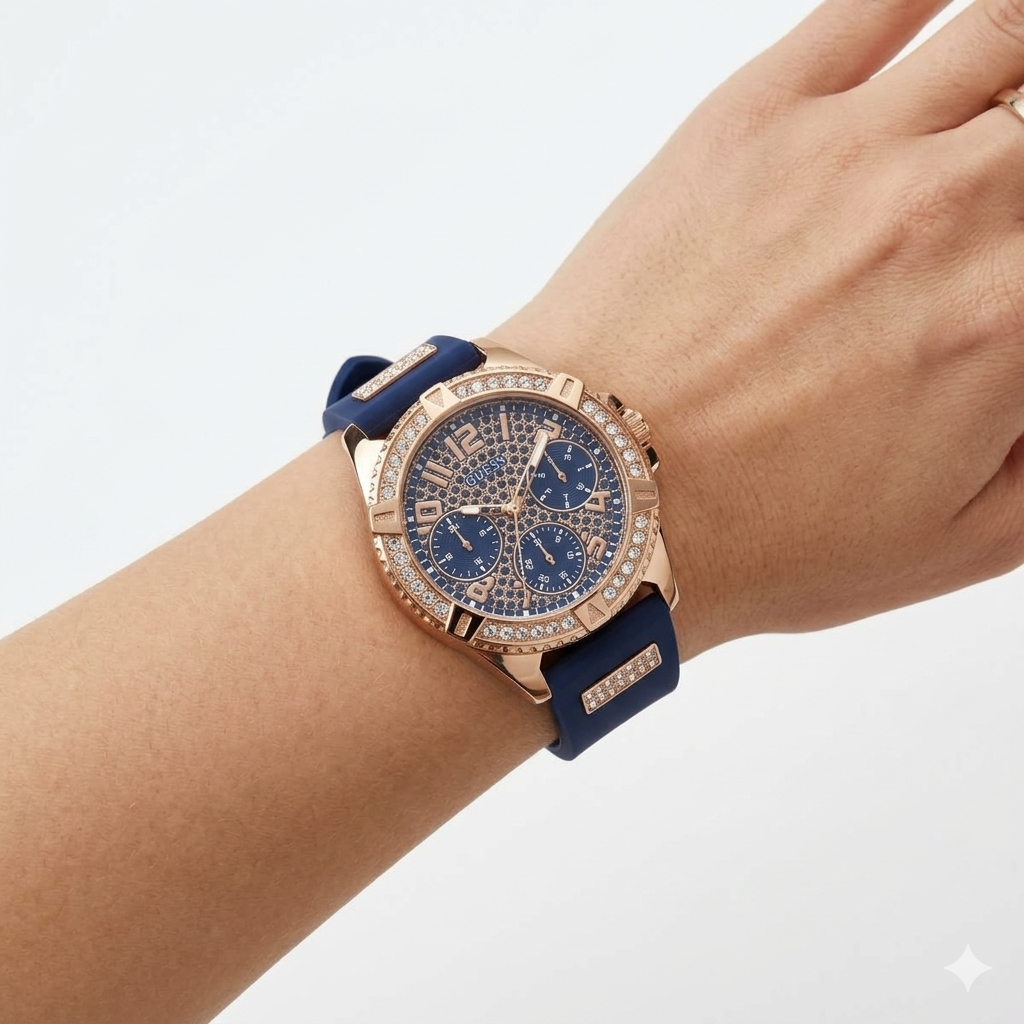GUESS Rose Gold Tone & Navy Blue Glitz Multifunction Watch ⌚✨💙
