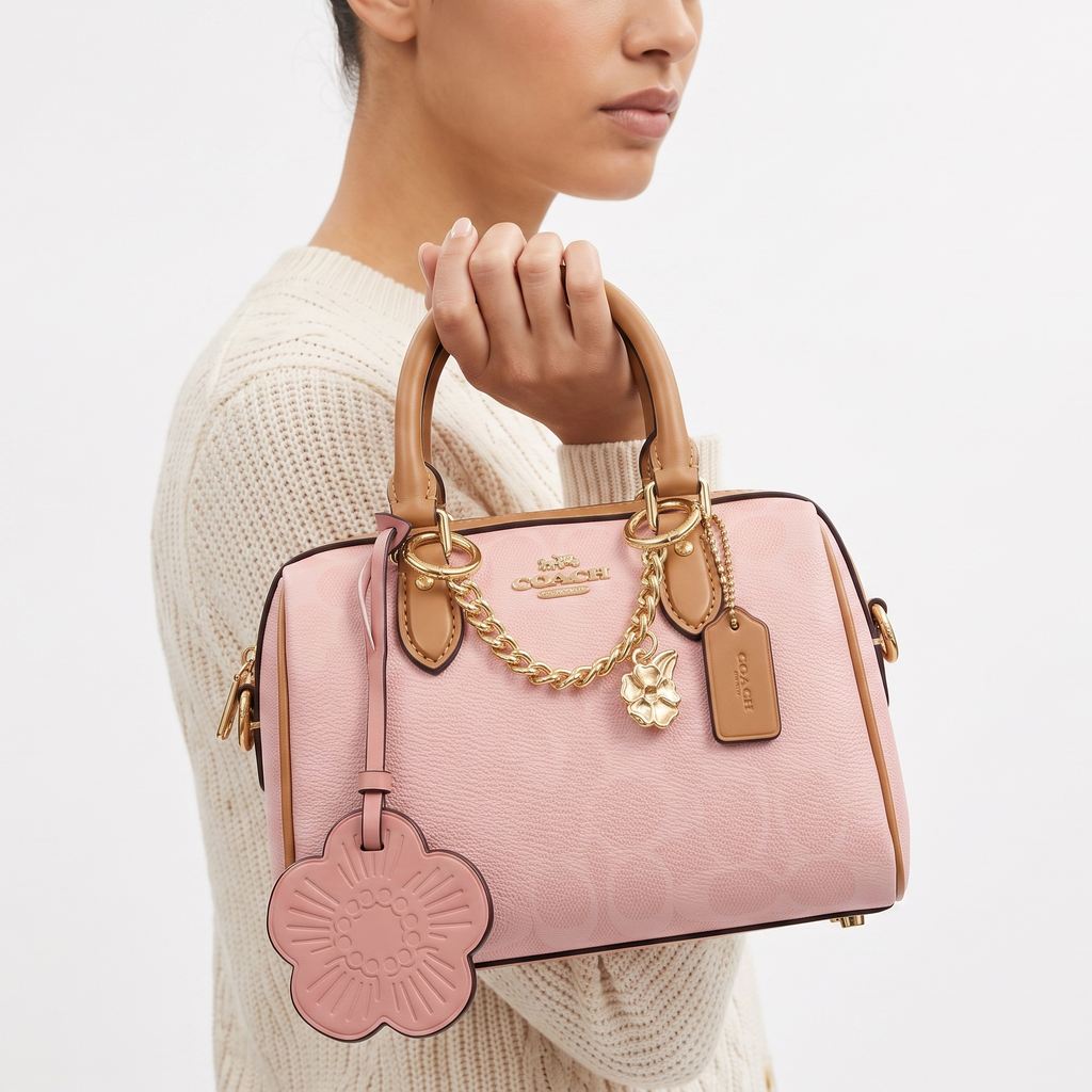Coach Pink Floral Charm Leather Handbag with Gold-Tone Hardware 🌸👜