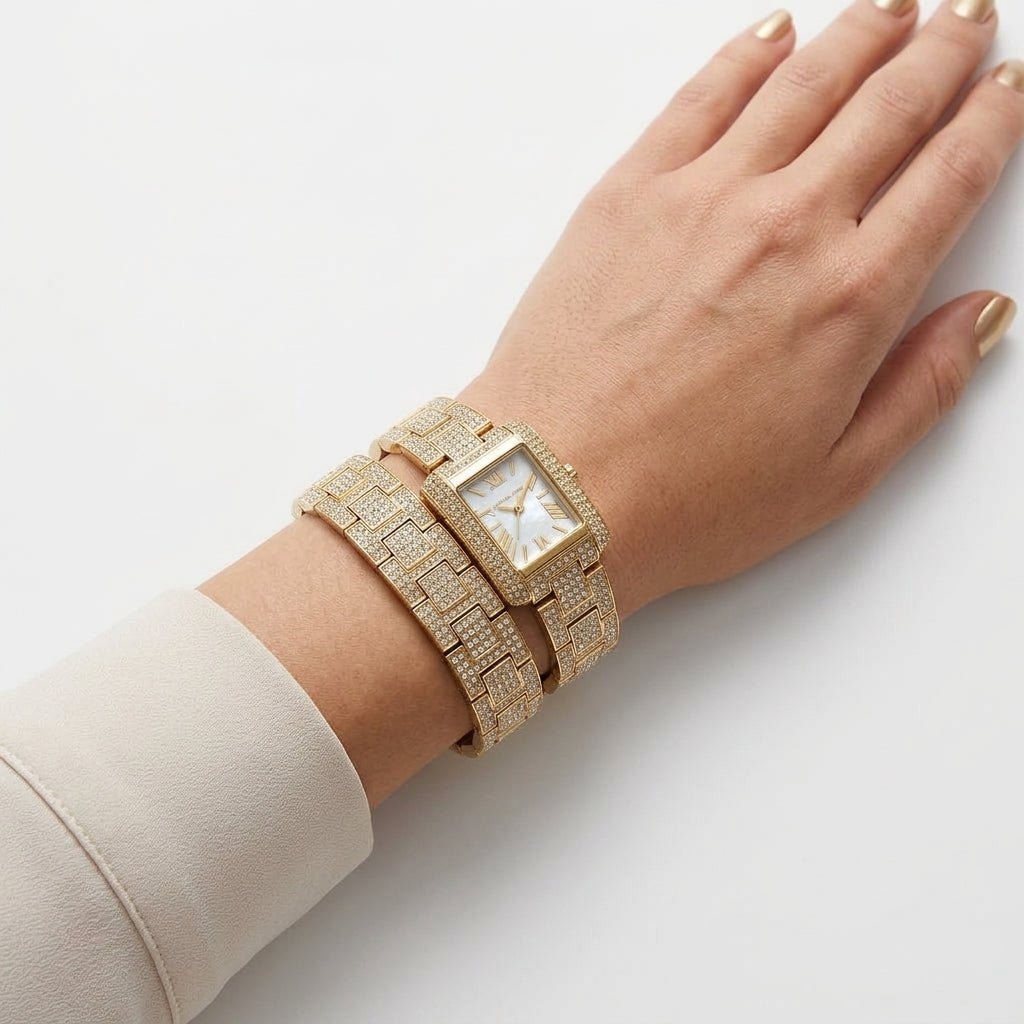 Michael Kors Rectangular Crystal Pave Gold Tone Watch