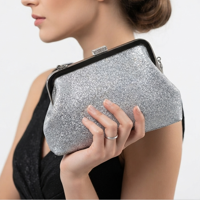 Silver Glitter Evening Clutch with Metallic Frame Closure ✨👜