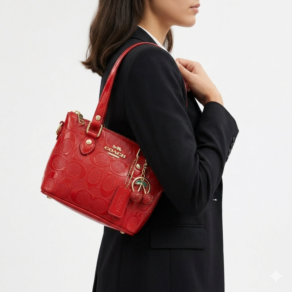 COACH Glossy Red Satchel with Detachable Cherry Charm 🍒✨👜