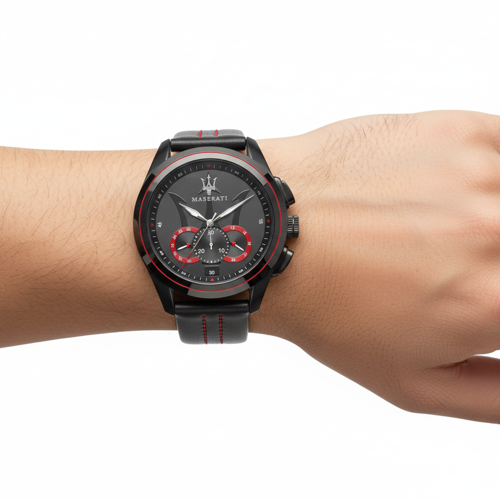 🔱 Maserati Chronograph Watch Black with Red Accents and Leather Strap ⚫️🔴