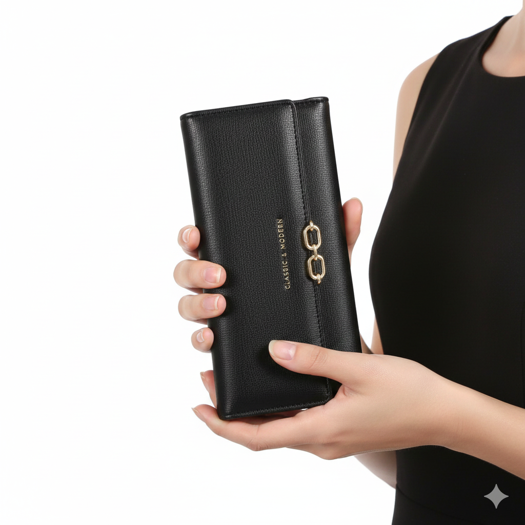 CLASSIC & MODERN Textured Leather Wallet with Gold Chain Link Accent 🖤✨👜