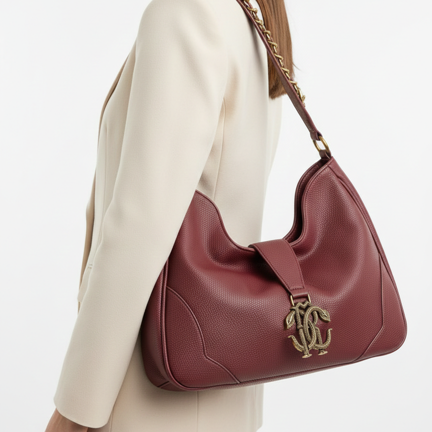 Roberto Cavalli Grained Leather Hobo Bag with Serpent Hardware 👜🐍🍷
