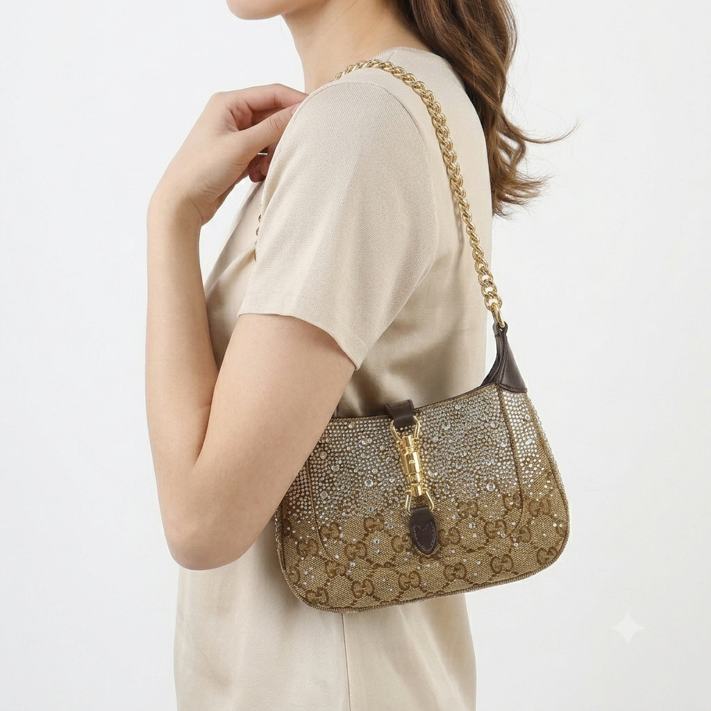 Gucci Crystal GG Monogram Shoulder Bag with Gold Chain ✨👜