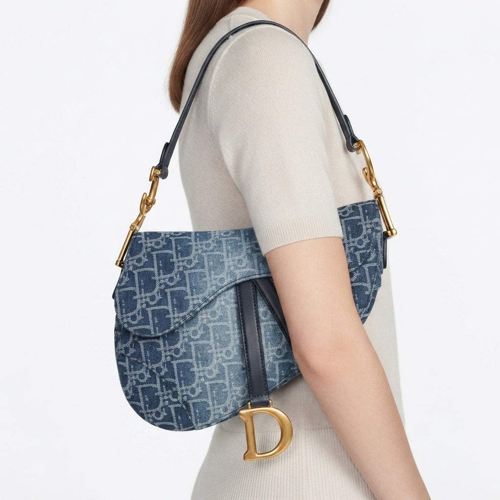 Dior Denim Saddle Bag with Gold Hardware and Scarf