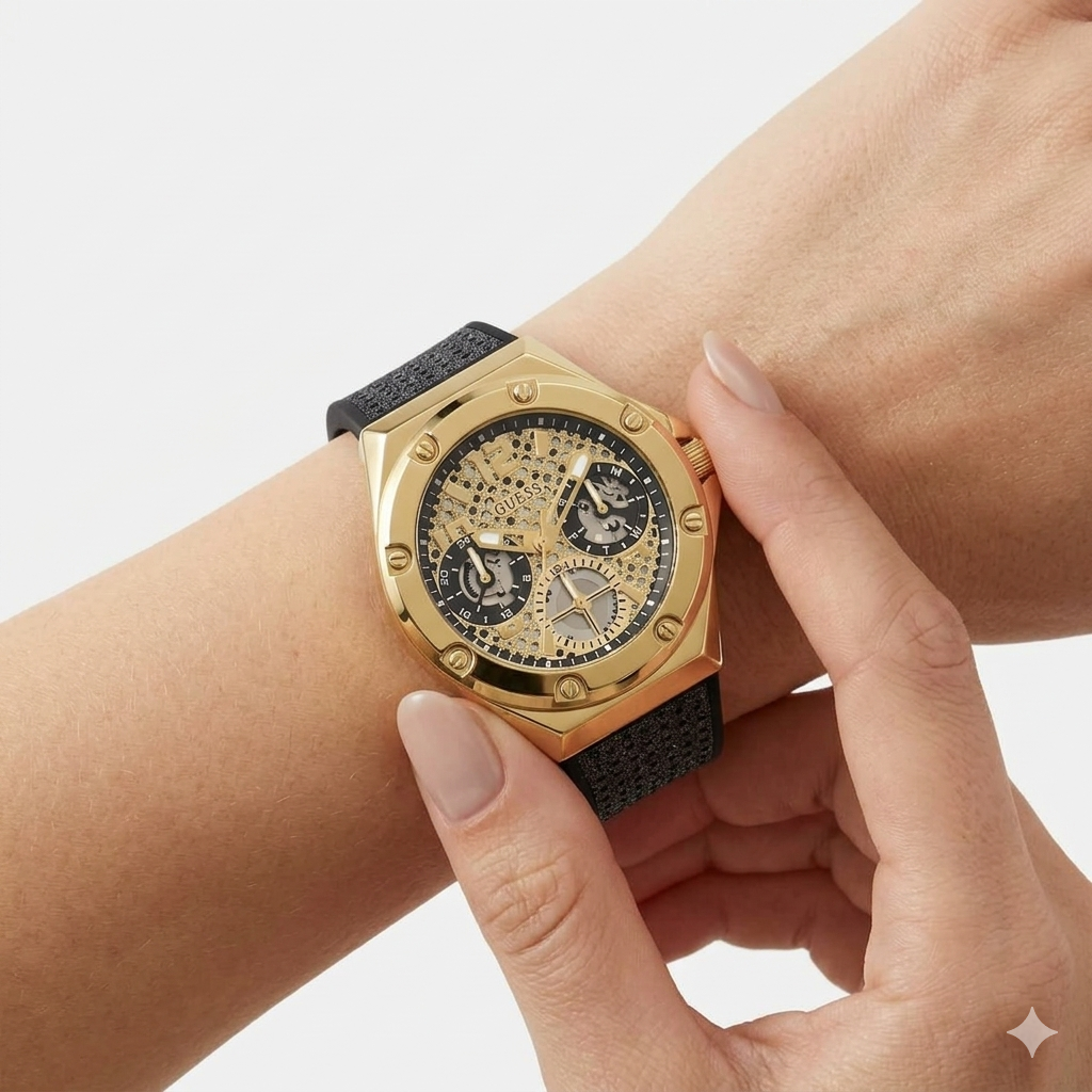 GUESS Men's Gold-Tone Skeleton Multifunction Watch ⌚✨🏆