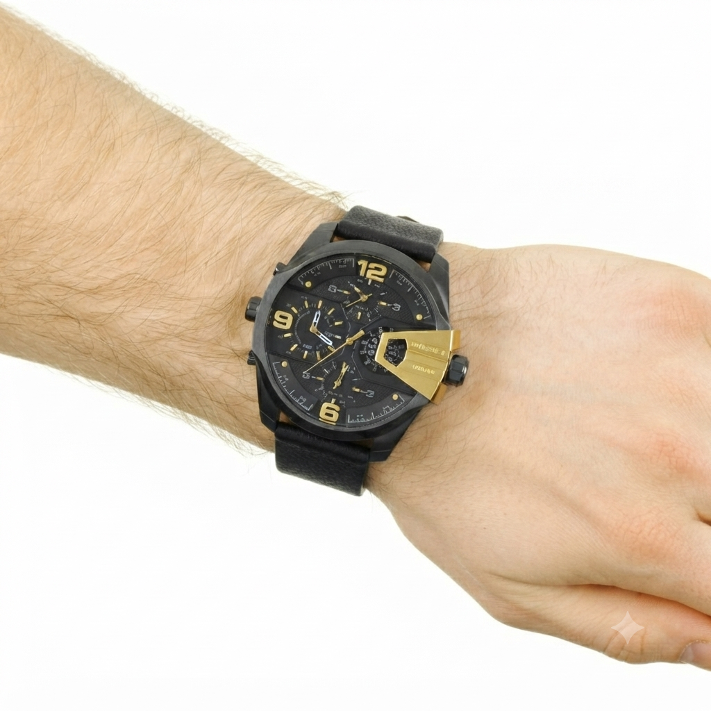 Diesel DZ7377 Bold Black and Gold Leather Chronograph Watch