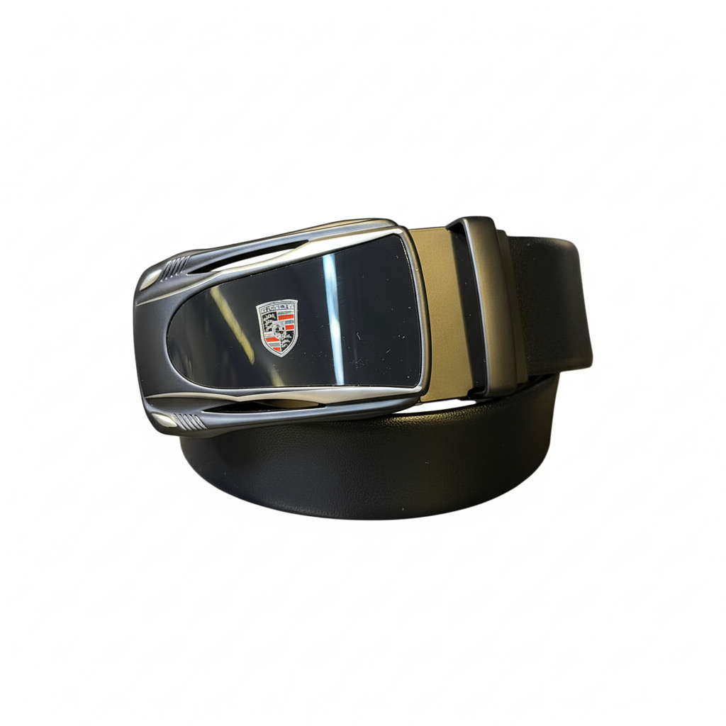 Porsche Luxury Black Ratchet Belt with Iconic Shield Buckle 🛡️⚫🏎️
