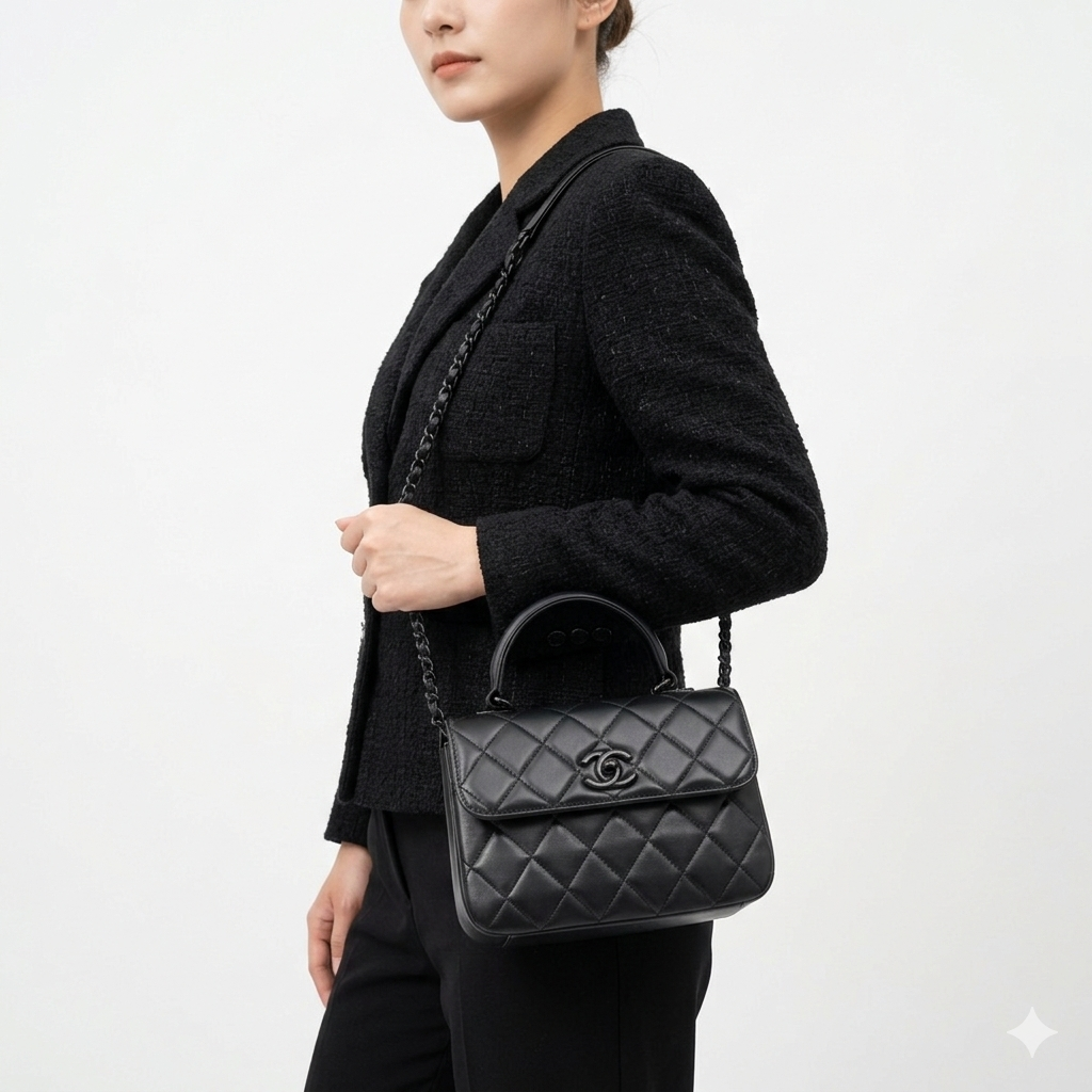 Chanel Quilted Lambskin Top Handle Flap Bag with So Black Hardware 👜🖤✨