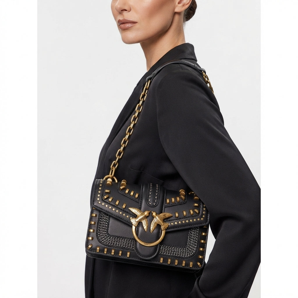 Pinko Studded Black Shoulder Bag with Signature Bird Hardware