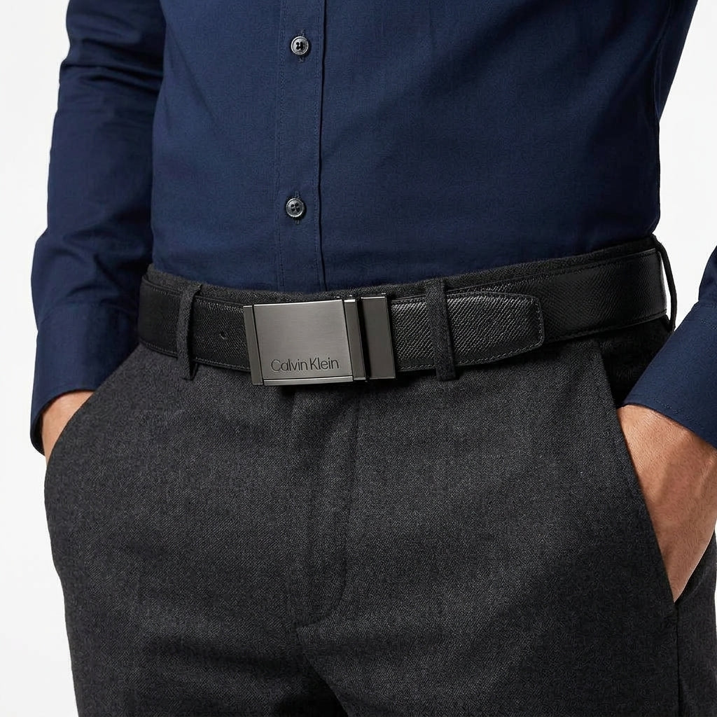 Calvin Klein Signature Black Matte Buckle Leather Belt