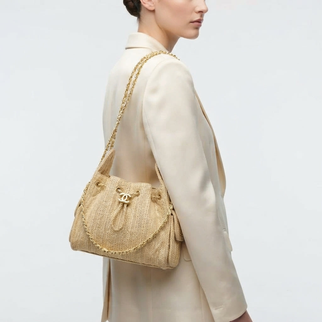 Chanel Straw Woven Bag with Gold Tone Chain Strap