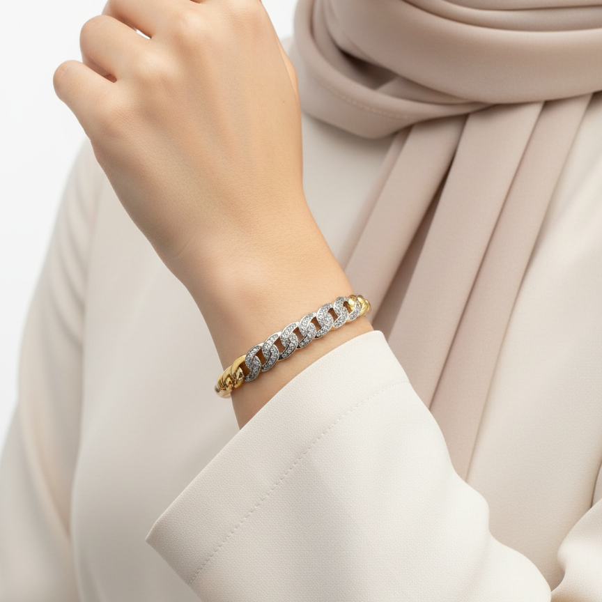 Jewelry Two-Tone Cuban Link Diamond Bangle Bracelet ✨💎🟡