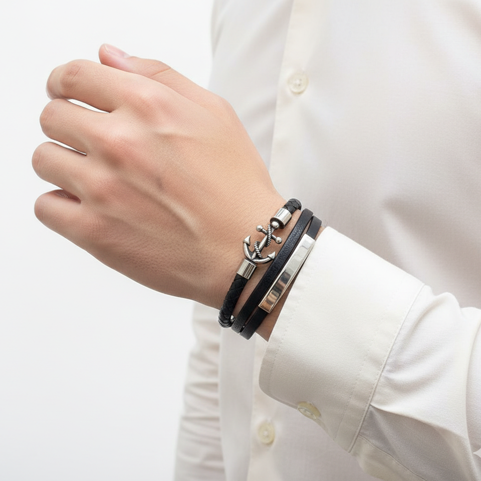 CK Stainless Steel Anchor Leather Wrap Bracelet ⚓️🖤✨