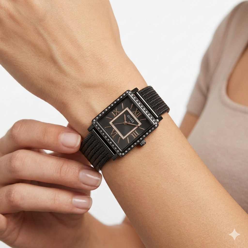 Guess Black Square Crystal Accent Dress Watch ⌚✨⬛