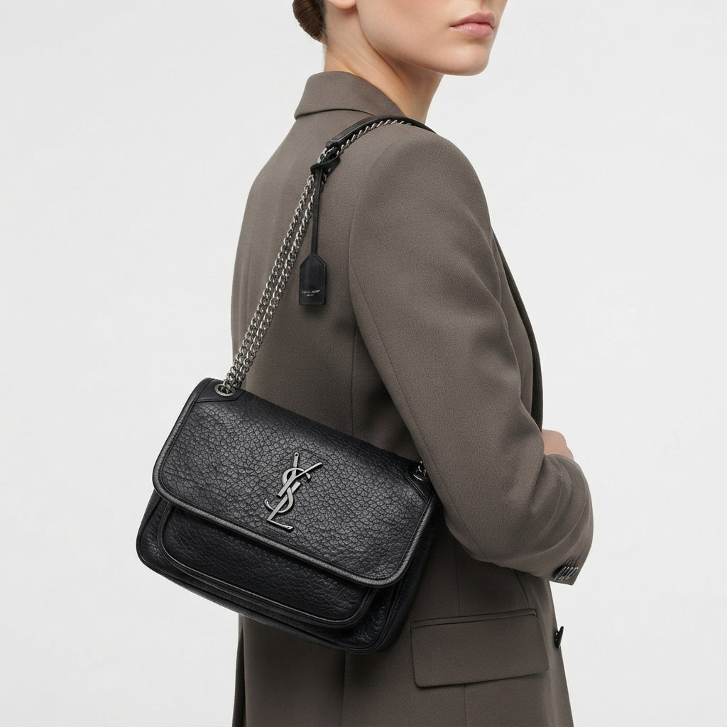 Saint Laurent Black Leather Shoulder Bag with Chain Strap