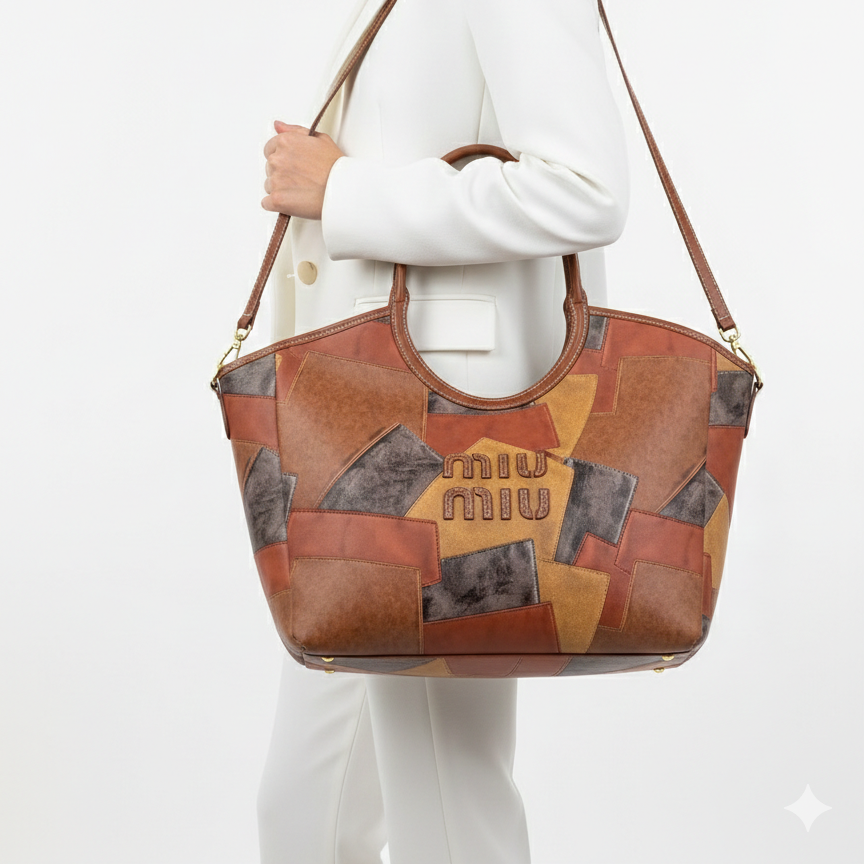 Miu Miu Patchwork Leather Tote Bag with Logo Detailing 👜✨🤎