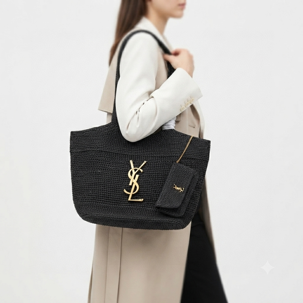 YSL Woven Raffia Tote Bag with Detachable Pouch 👜✨