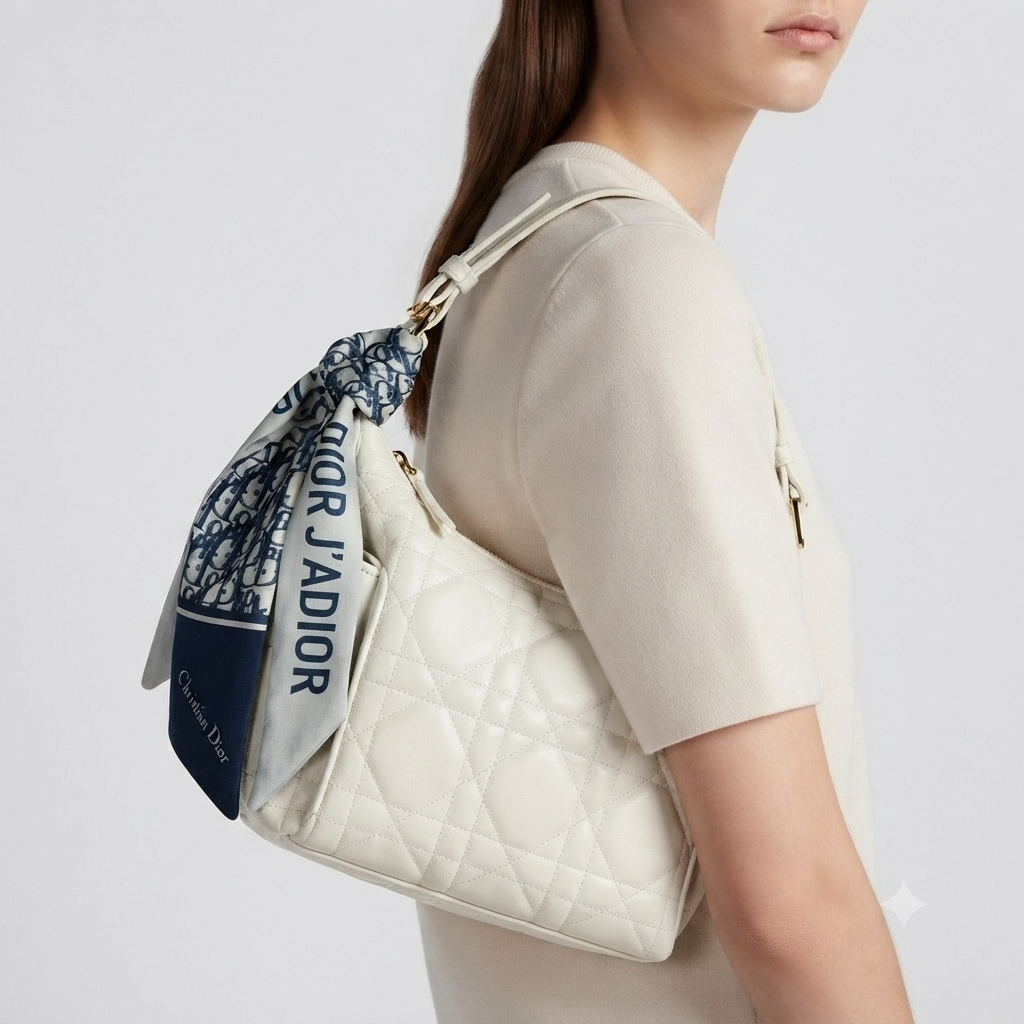 Dior Inspired Large White Quilted Shoulder Bag with Scarf 👜✨