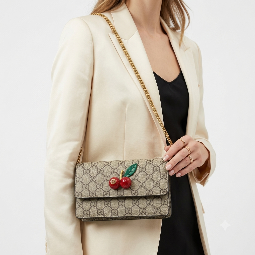 Gucci GG Supreme Cherry Chain Wallet with Crystal Embellishment 🍒✨