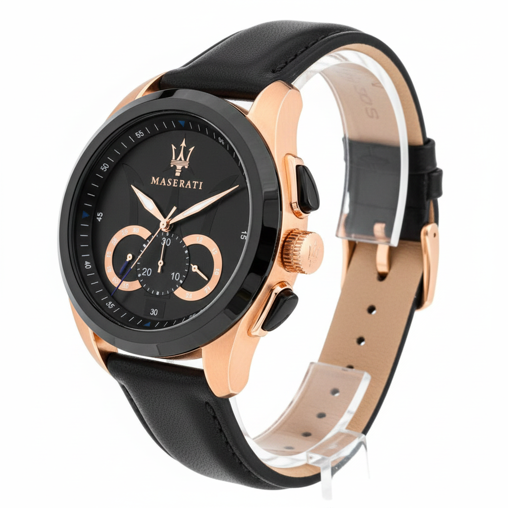 🔱 Maserati Chronograph Watch Black and Rose Gold with Leather Strap ⚫️🌹