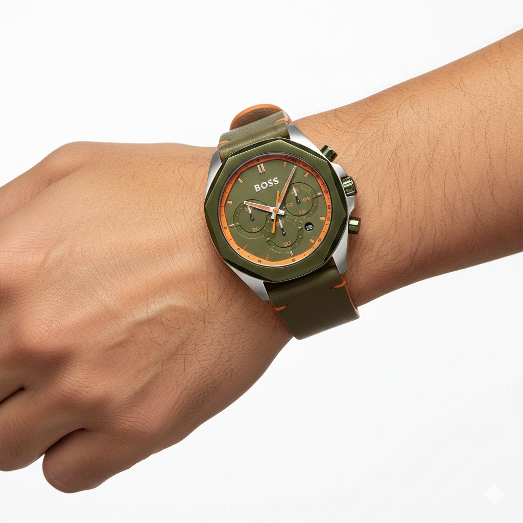 BOSS Men's Steer Chronograph Watch in Olive and Orange ⌚️🌿🧡