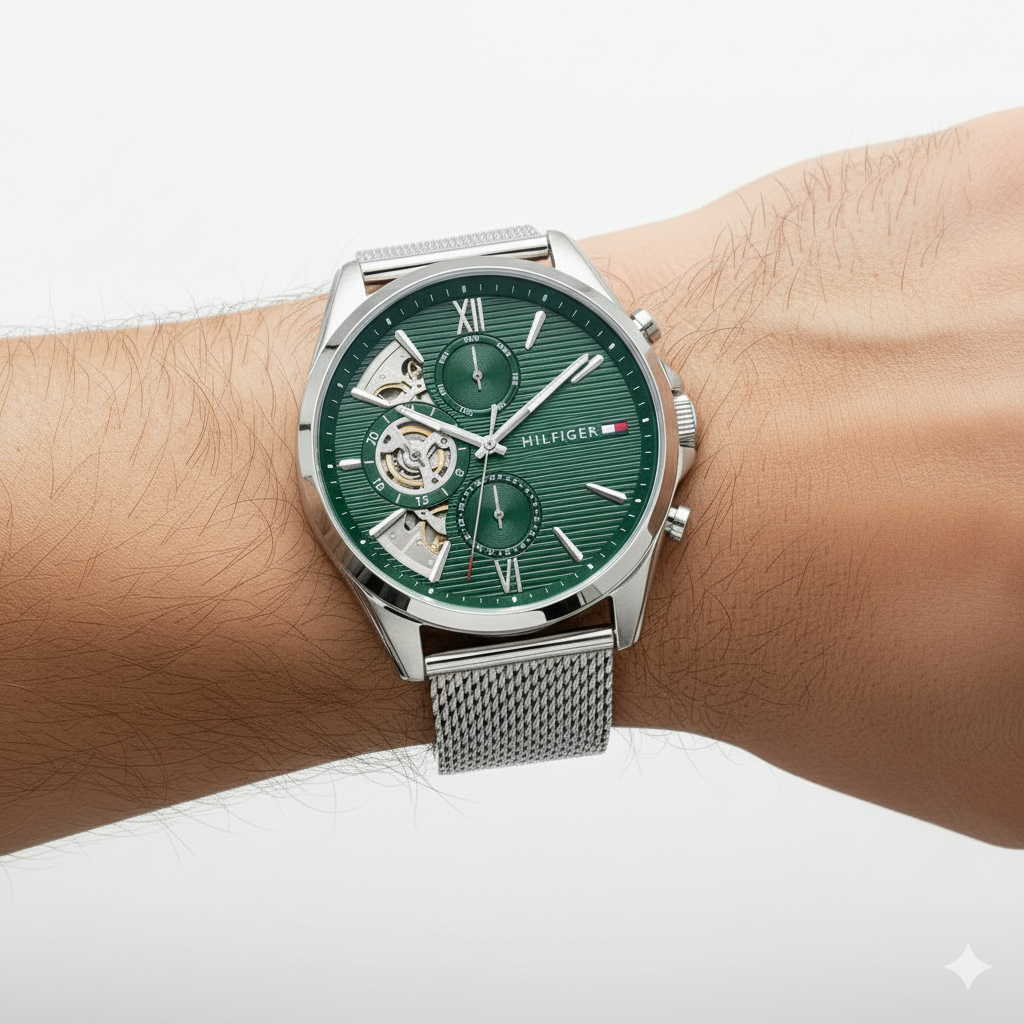 Tommy Hilfiger Men's Green Dial Mesh Strap Open Heart Multi-Function Watch 💚⌚️🔗