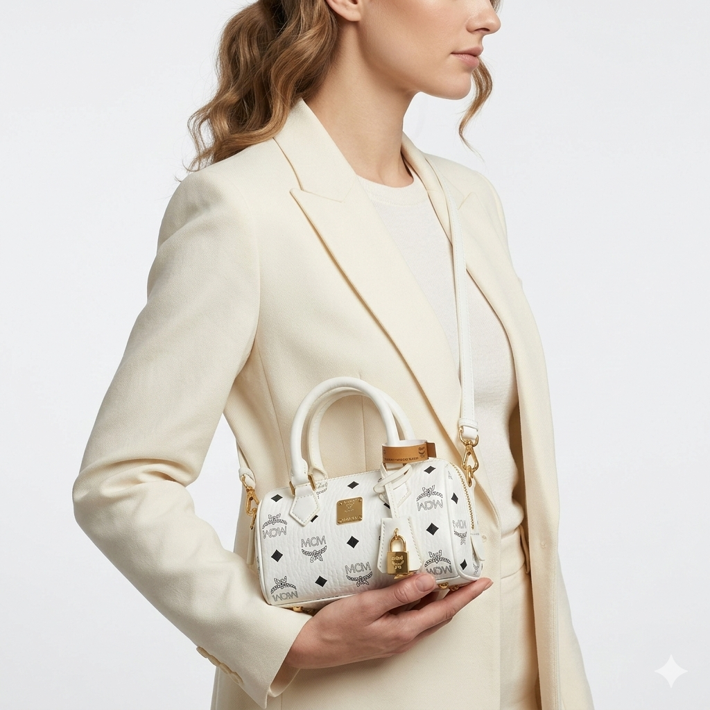 MCM White Visetos Monogram Mini Boston Bag with Gold Hardware 👜✨⚪