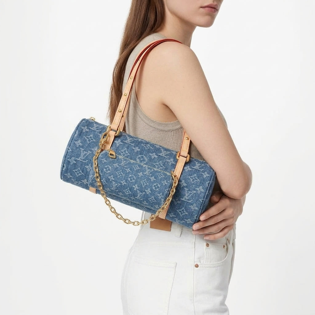 Louis Vuitton Denim Monogram Barrel Bag with Matching Mini Pouch