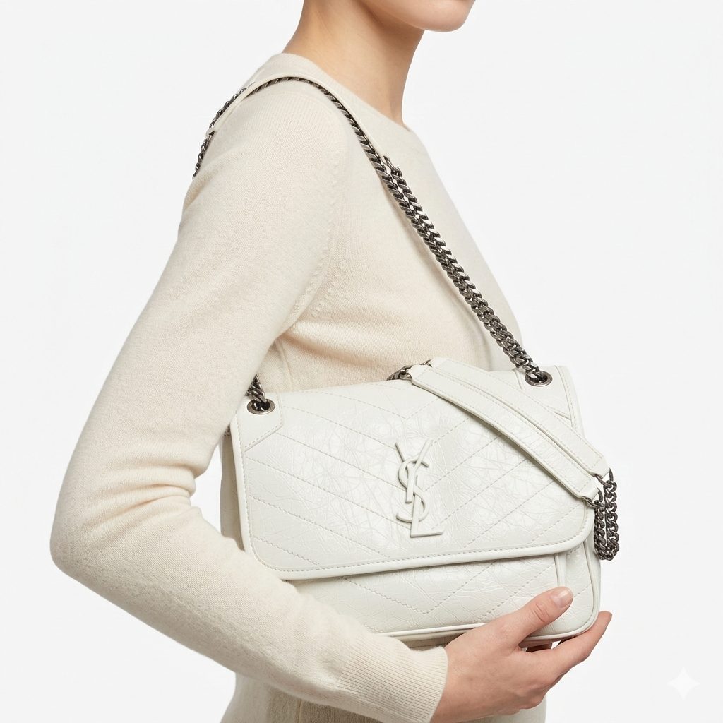 Saint Laurent Niki Medium Chain Bag in White Crinkled Leather 🕊️👜✨