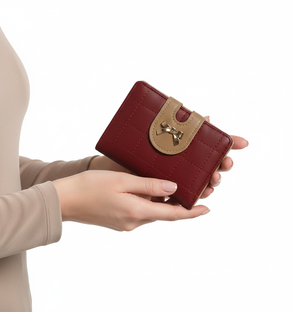 Quilted Burgundy Leatherette Small Wallet with Gold Bow Detail 🎀 ❤️ ✨