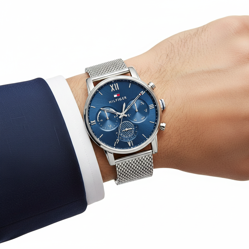 Tommy Hilfiger Men's Blue Textured Dial Mesh Strap Multi-Function Watch 💙⌚️🔗