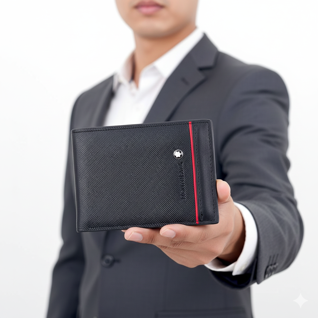 Montblanc Leather Bifold Wallet with Bold Crimson Racing Stripe 💼✨🏔️