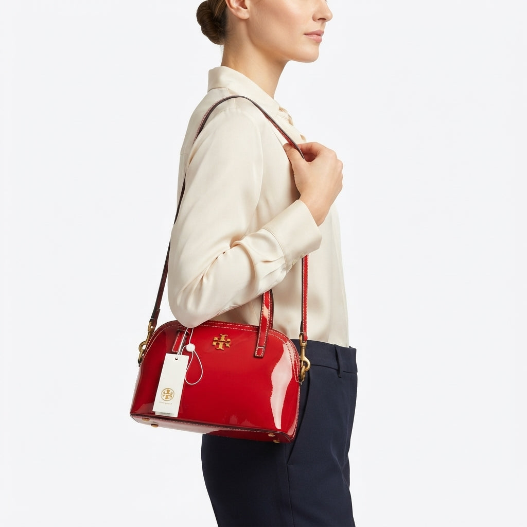 Tory Burch Red Patent Leather Handbag with Gold Tone Hardware