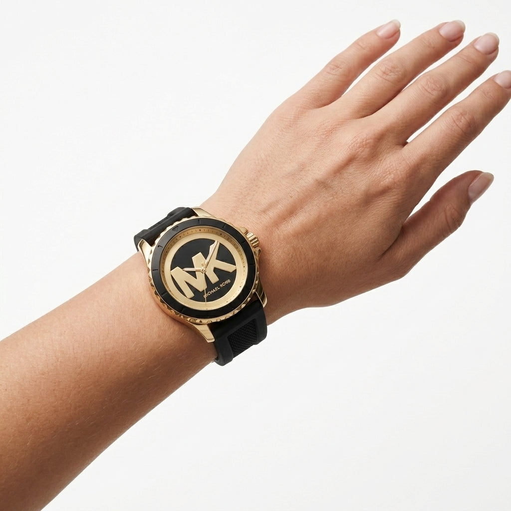 Michael Kors Logo Dial Watch with Black Silicone Strap