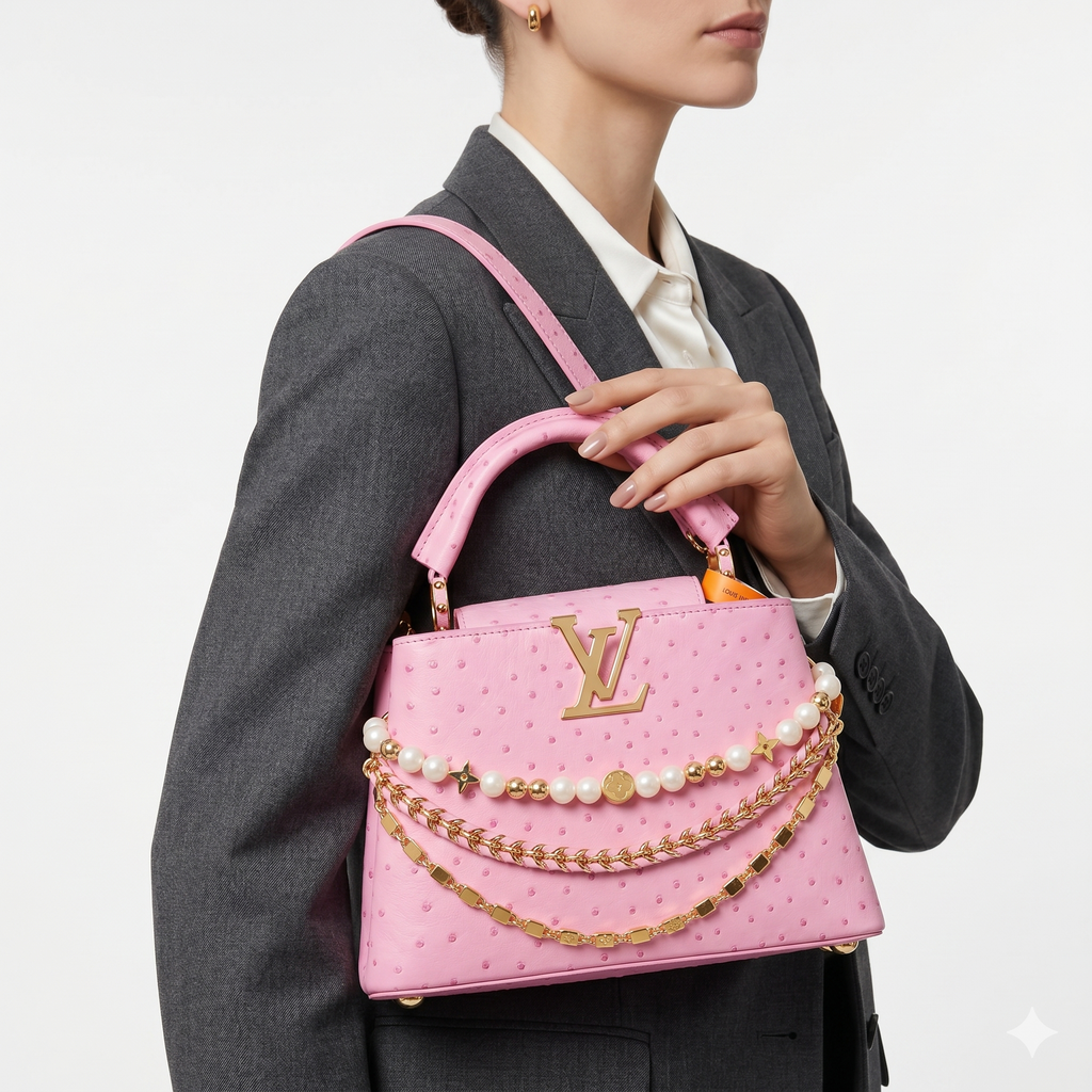 Pink Ostrich Texture Handbag with Pearl & Gold Chain Detail 🌸👜