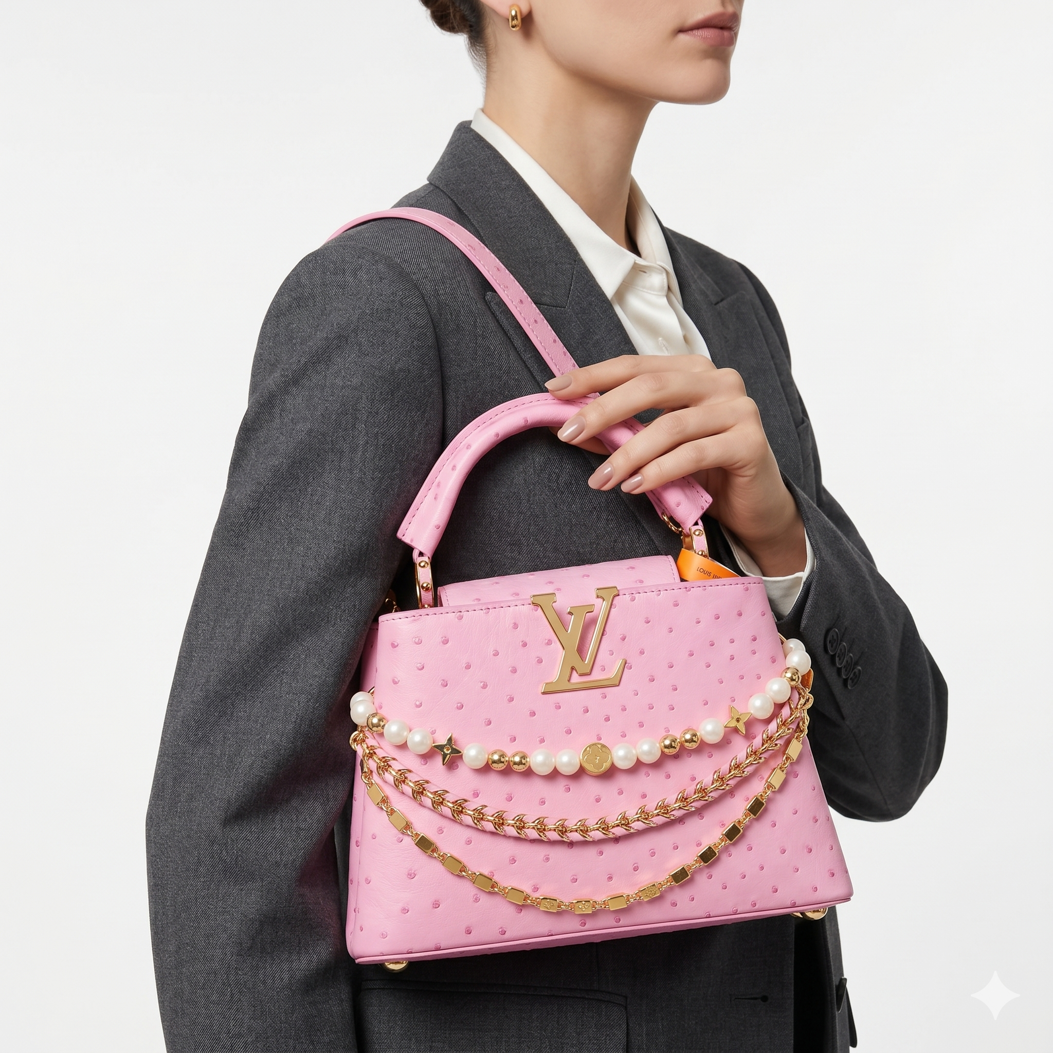 Pink Ostrich Texture Handbag with Pearl & Gold Chain Detail 🌸👜