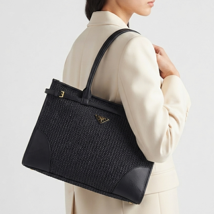 Prada Woven Texture Tote with Signature Logo Plaque