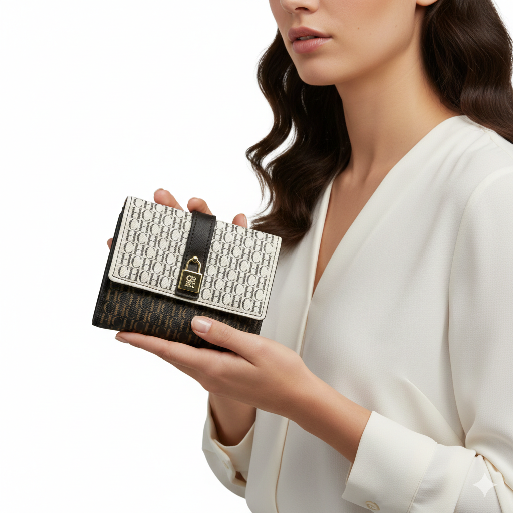 CHHC Monogram Bi-Fold Wallet with Gold Padlock Detail 👜✨🔒